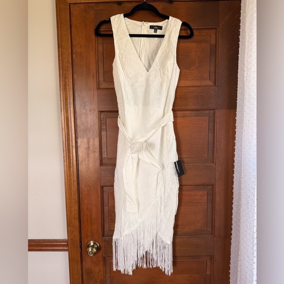 Lulus Always Ravishing White Cotton Eyelet Fringe Tulip Midi Dress - Picture 4 of 7